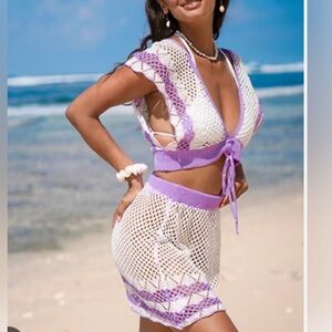 Cupshe 2 piece Crochet Lavender & White Skirt & Top Cover-up Swim Set, Size S